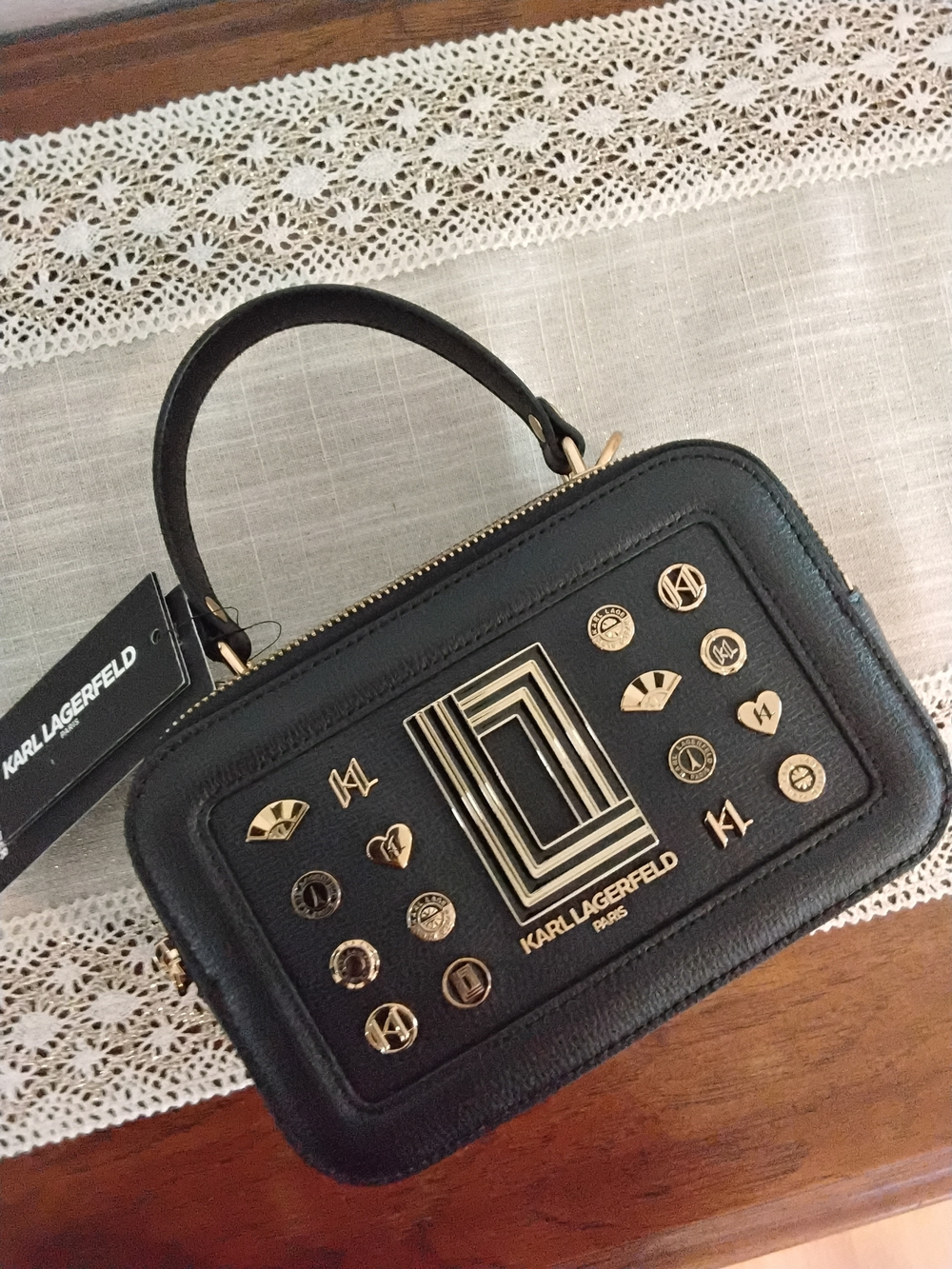 Karl Lagerfeld Black Leather Camera Bag with Branded Strap